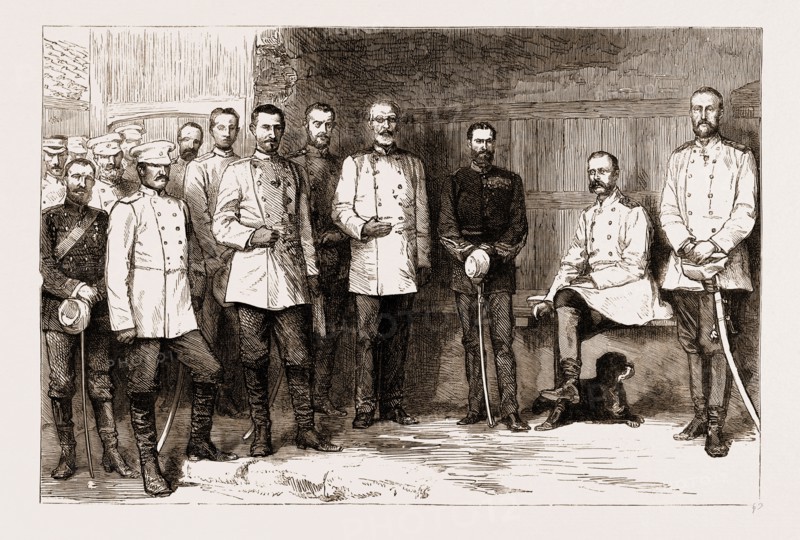 THE LATE CZAR ALEXANDER II.: THE RUSSO-TURKISH WAR: THE CZAR AND HIS STAFF AT GORNY STUDEN, 1877; Prince Suvaroft, Prince Charles of Roumania, The Grand Duke Nicholas