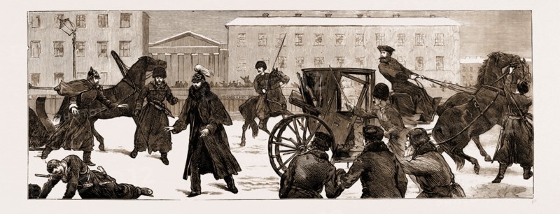 THE ASSASSINATION OF THE LATE CZAR ALEXANDER II. OF RUSSIA, SCENE OF THE EXPLOSIONS BESIDE THE CATHERINE CANAL, 1881: AFTER THE EXPLOSION OF THE FIRST BOMB