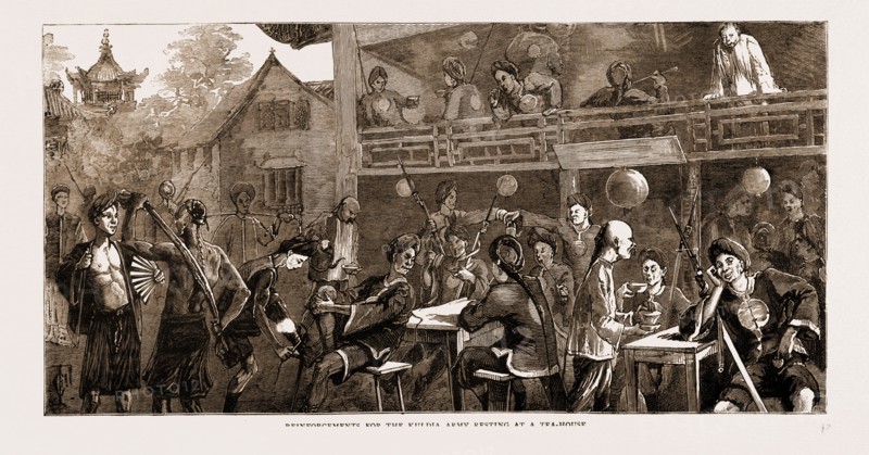 REINFORCEMENTS FOR THE KULDJA ARMY RESTING AT A TEA-HOUSE: CHINA, 1881