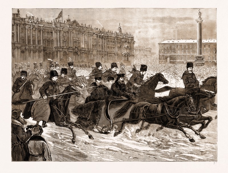 THE ASSASSINATION OF THE LATE CZAR ALEXANDER II. OF RUSSIA: THE NEW CZAR, ALEXANDER III., WITH THE CZARINA, LEAVING THE WINTER PALACE AFTER HIS FATHER'S DEATH, 1881