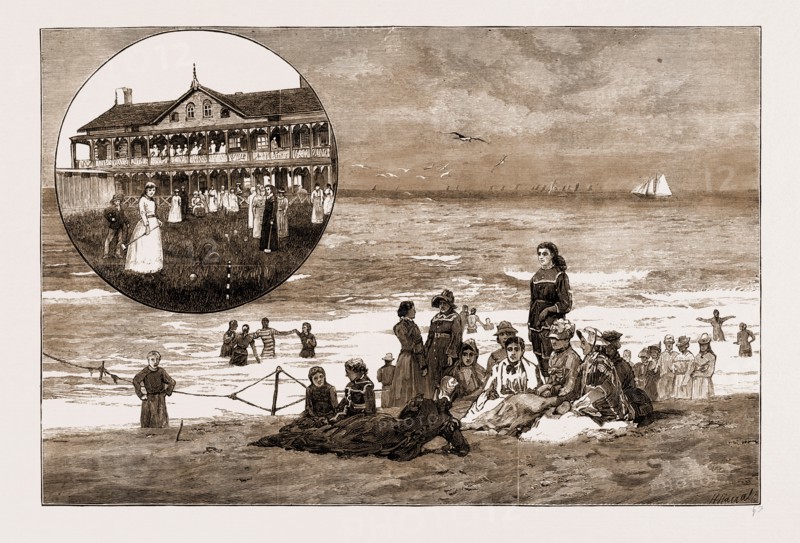 AN AMERICAN SEASIDE HOME FOR WORKING WOMEN, 1881: BATHING ON MONMOUTH BEACH, SEASHORE COTTAGE, ATLANTICVILLE, U.S.A., U.S., US, UNITED STATES, USA, UNITED STATES OF AMERICA, AMERICA
