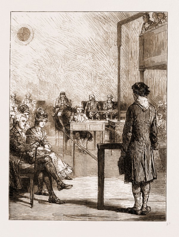 REMINISCENCES OF OLD BOW STREET POLICE COURT, LONDON, UK, 1881: SIR JOHN FIELDING, THE BLIND MAGISTRATE, PRESIDING IN THE COURT