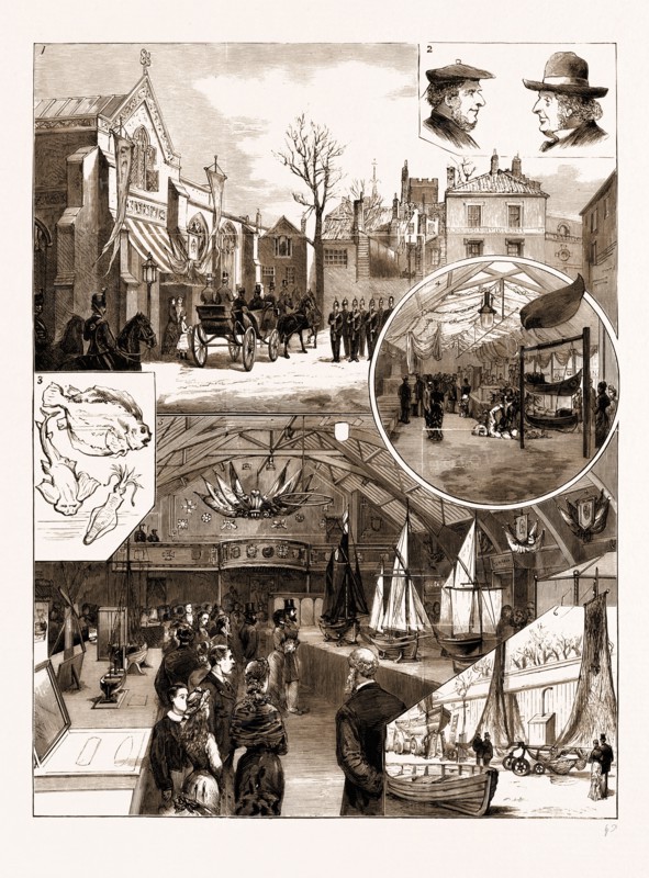 OPENING OF THE NATIONAL FISHERIES' EXHIBITION AT NORWICH, 1881: 1. Arrival of the Prince of Wales at St. Andrew's Hall. 2. Norfolk Fishermen. 3. Odd Fish. 4. The Annexe. 5. The Exhibition in the Drill Hall. 6. Improved Trawling Nets.