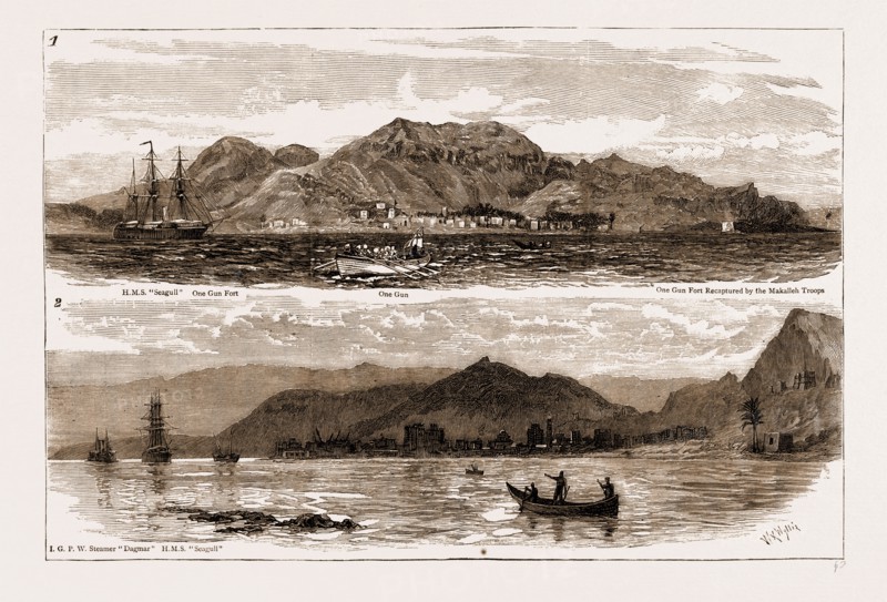 THE LITTLE WAR ON THE ARABIAN COAST: 1. The Town of Makalleh, Residence of the Nakeeb. 2. H.M.S. "Seagull" Blockading Bander Burum, Captured from the Nakeeb Makalleh by the Jemadar of Shehr
