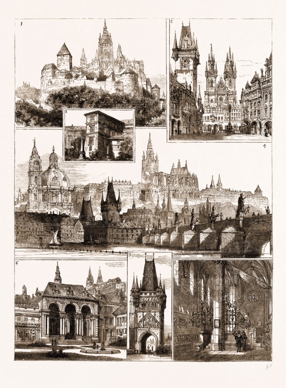 THE ROYAL WEDDING IN AUSTRIA, SKETCHES IN PRAGUE, WHERE THE BRIDE AND BRIDEGROOM WILL RESIDE, 1881: 1. Palace of the Hradschin from the East. 2. Rathhaus, Theinkirche. 3. Portion of the Hradschin Palace, Scene of the Commencement of the Thirty Years' War. 4. The Palace of the Hradschin, Kleinseite, and Bridge. 5. Old Synagogue. 6. Wallenstein's Palace. 7. Alt-Stadt, Bridge Tower.