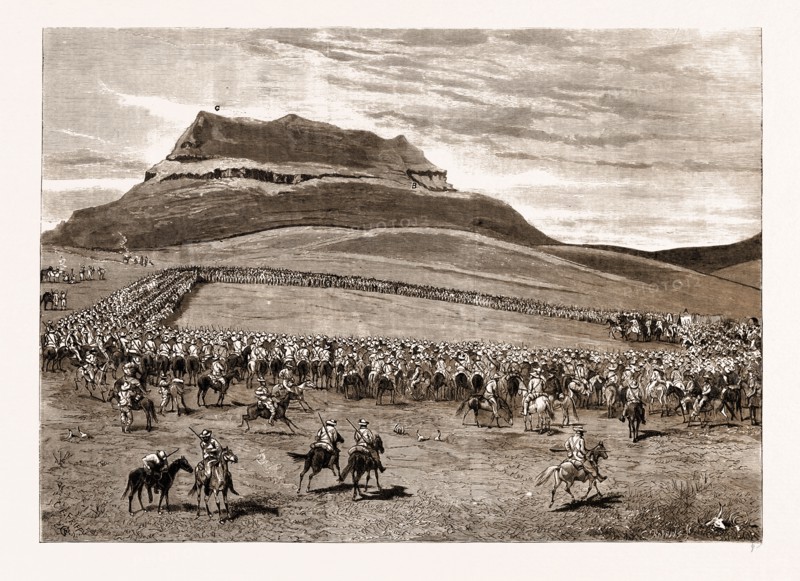 THE NEGOTIATIONS IN THE TRANSVAAL, SOUTH AFRICA, ASSEMBLY OF BOERS PREVIOUS TO THE EVACUATION OF LAING'S NEK, MARCH 24, 1881: A. General Joubert's Tent. B. Way by which the Boers Ascended to Attack the British, Feb. 27. C. Majuba Hill.