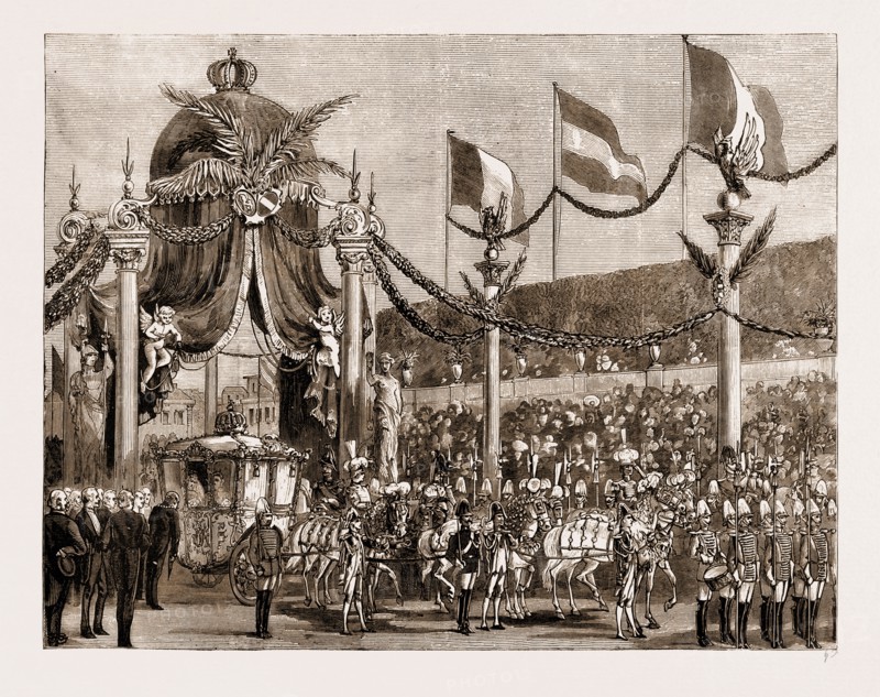 THE ROYAL WEDDING IN AUSTRIA: STATE ENTRY OF THE PRINCESS STEPHANIE INTO VIENNA, 1881: THE BURGOMASTER PRESENTING THE ADDRESS OF WELCOME