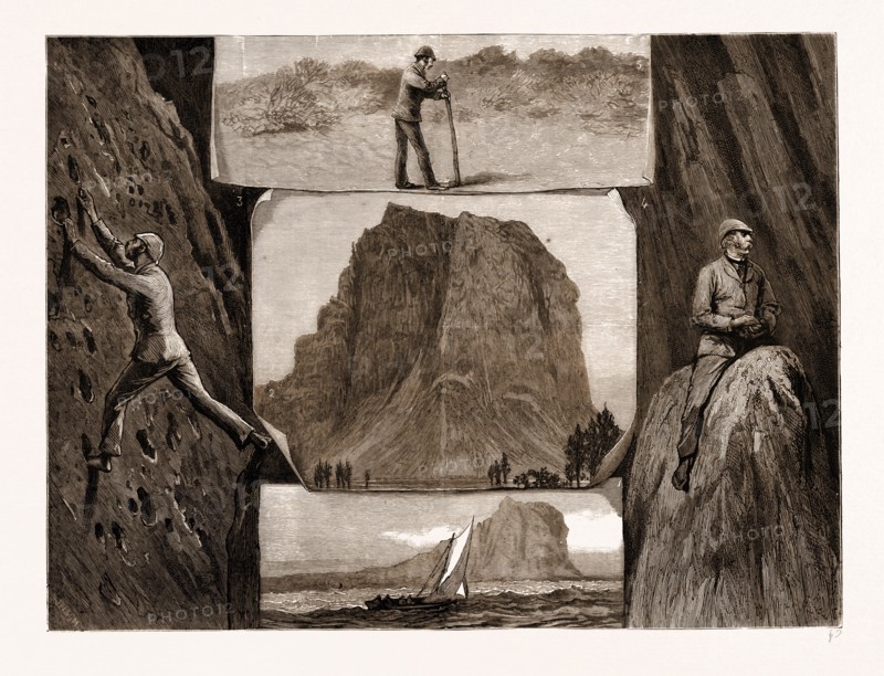 AN ASCENT OF THE MORNE BRABANTE, MAURITIUS, 1881: 1. Distant View of the Mountain from the Sea. 2. Nearer View of the Mountain. 3. Climbing the Precipice. 4. On the Saddle. 5. Stake left on the Summit by the Climber Eighteen Months before.