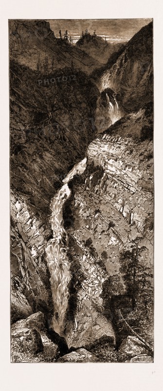 PICTURESQUE AMERICA: ELK LAKE CASCADE, ROCKY MOUNTAINS, USA, US, U.S.A., U.S., UNITED STATES, UNITED STATES OF AMERICA, AMERICA, 1881