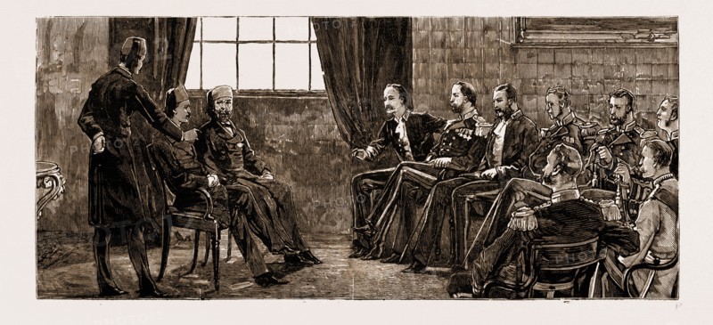 THE FRENCH OCCUPATION OF TUNIS, 1881: INTERVIEW BETWEEN THE BEY AND THE BRITISH CONSUL-GENERAL AND CAPT. TRYON OF H.M.S. "MONARCH": Interpreter, The Bey's Prime Minister, The Bey, British Consul-General, Captain Tryon