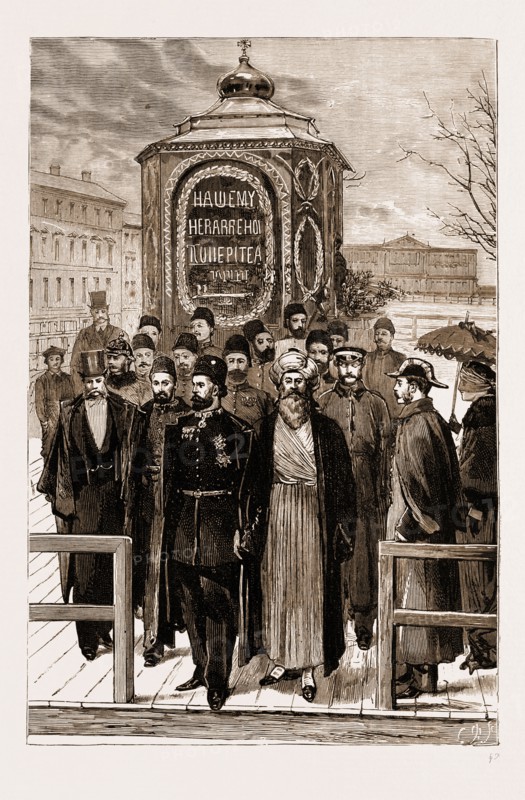 THE PERSIAN ENVOY VISITING THE SHRINE MARKING THE SPOT WHERE THE LATE CZAR ALEXANDER II. OF RUSSIA WAS ASSASSINATED AT ST. PETERSBURG, 1881