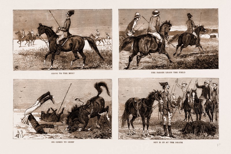 THE SPORTING PARSEE AT A HOG HUNT: GOING TO THE MEET, THE PARSEE LEADS THE FIELD, HE COMES TO GRIEF, BUT IS IN AT THE DEATH, 1881