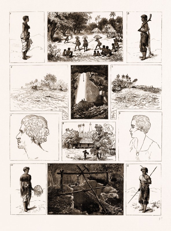 SKETCHES IN FIJI, AND IN THE ISLAND OF ROTUMAH, 1881: 1. A Fijian Girl. 2. A War Dance before the Deputy Commissioner. 3. Fijian with Club and Train of Native Cloth. 4. Village of Noatau, Looking South. 5. Interior of Mamfiri Cave, the Crater of an Extinct Volcano. 6. Rocky Point, with Native Graves at Noatau. 7. Alipati Vaniha, Chief of the District of Ituteu. 8. Wesleyan Mission House at Noatau. 9. Mereseini, the Daughter of a Rotumah Chief. 10. A Fijian Chief's Daughter. 11. A Fiji Islander in War Costume. 12. Entrance to Mamfiri Cave.