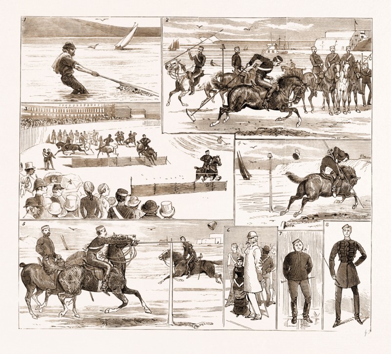 THE YEOMANRY WEEK AT WEYMOUTH, UK, 1881: 1. Business Before Pleasure: A Toiler of the Sea. 2. Tent-Pegging: "A Take," He knows the Way to do it. 3. From a Balcony: Preliminary Warming for the Hurdles' Horse Prize. 4. Almost. 5. Post Practice.-6. A Critic. 7. "Wonder if this Rain's on My Land." 8. The Orthodox Swagger.