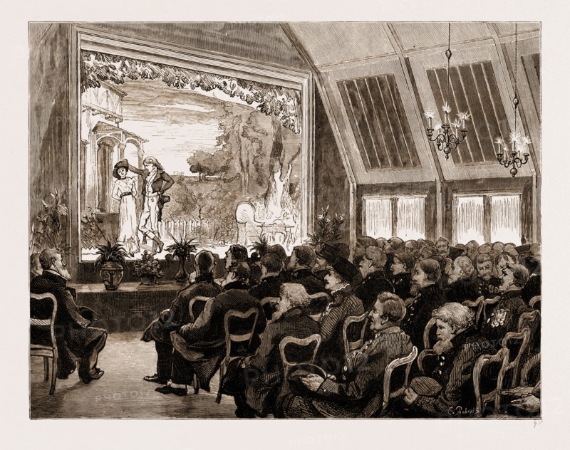 OLD WARRIORS AT THE "THEATRE OF PEACE", CHELSEA PENSIONERS AT AN AMATEUR DRAMATIC PERFORMANCE AT THE WHITE HOUSE, CHELSEA, LONDON, UK, 1881