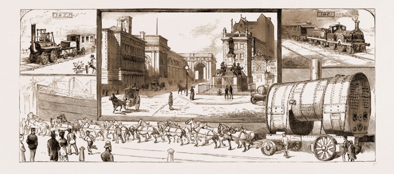 NEWCASTLE, UK, 1881, SOME OF THE WORKS OF STEPHENSON AND HIS SUCCESSORS: 1. George Stephenson's First Locomotive. 2. A Locomotive of the Present. 3. The Stephenson Monument. 4. Transporting a Marine Boiler.