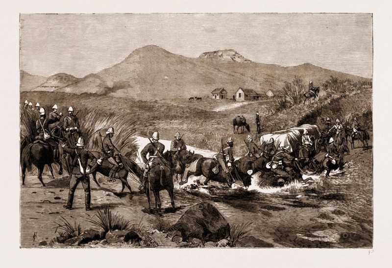 THE REVOLT IN THE TRANSVAAL, SOUTH AFRICA, 1881: MAJOR BARROW'S MOUNTED INFANTRY CROSSING THE INGOGO DRIFT