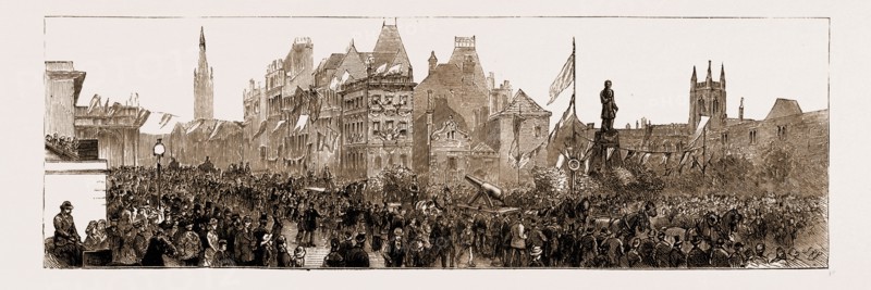 THE STEPHENSON CENTENARY CELEBRATION AT NEWCASTLE-ON-TYNE: THE CART-HORSE PROCESSION: THE ARMSTRONG GUN PASSING THE STEPHENSON MONUMENT, NEWCASTLE, 1881