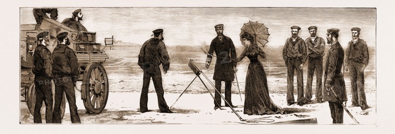 THE DUKE OF EDINBURGH INSPECTING THE COAST-GUARD AT FALMOUTH, THE DUCHESS FIRING A LIFE-SAVING ROCKET, UK, 1881