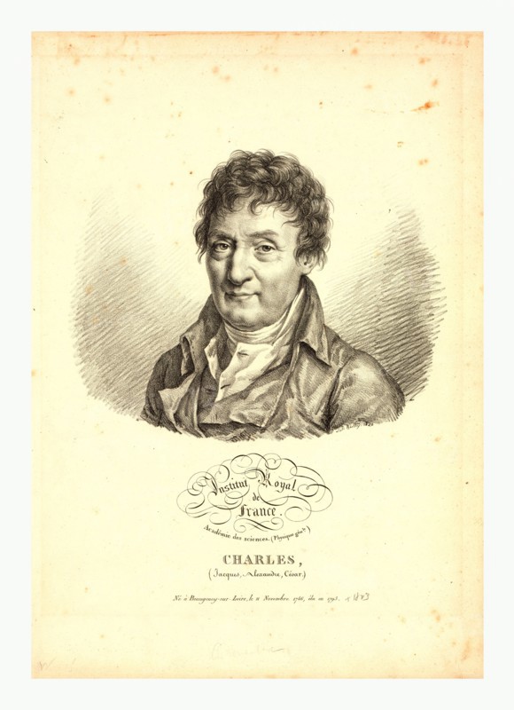 Head-and-shoulders portrait of French balloonist Jacques Alexandre César Charles, who made the first flight in a hydrogen balloon, Dec. 1, 1783.