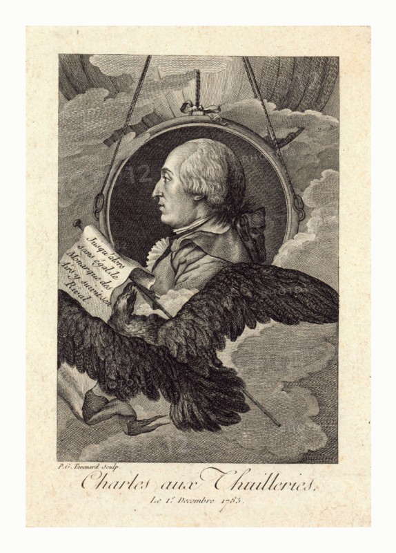 Head-and-shoulders profile portrait of French balloonist J.A.C. Charles, who made the first flight in a hydrogen balloon, Dec. 1, 1783. Includes banner with caption "Jusq'alors san égal, le monarque des airs, y suivit son rival" and large bird in foreground, with balloon in background.