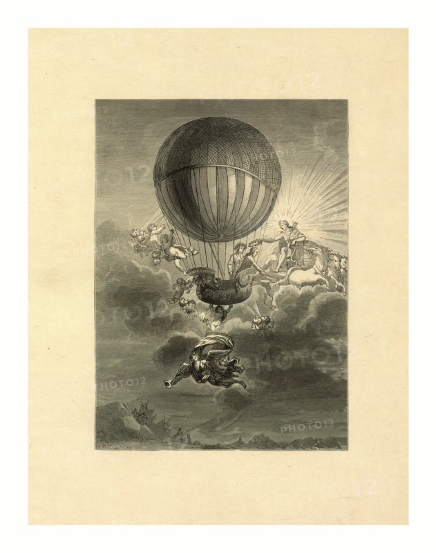 French balloonist Jacques Alexandre César Charles receiving a wreath from Apollo, while cherubs and an angel surround his balloon, E.A. Tilly, sc.,  1788.