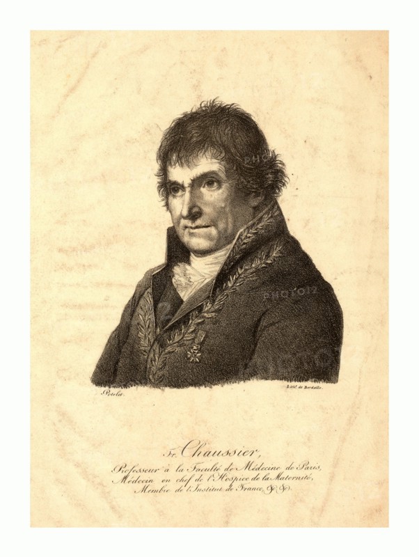 litho de Berdalle., Head-and-shoulders portrait of Francois Chaussier, who conducted some of the first experiments to develop navigational systems for balloons.