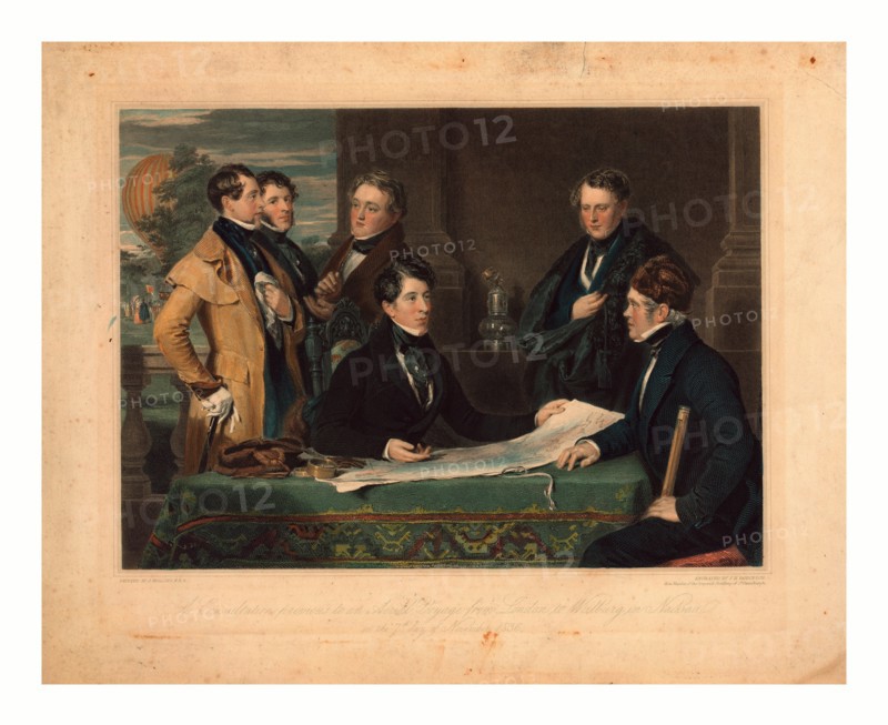 A consultation previous to an aerial voyage from London to Weilburg in Nassau on the 7th day of November, 1836 / painted by J. Hollins, A.R.A. ; engraved by J.H. Robinson, hon. member of the Imperial Academy of St. Petersburgh.