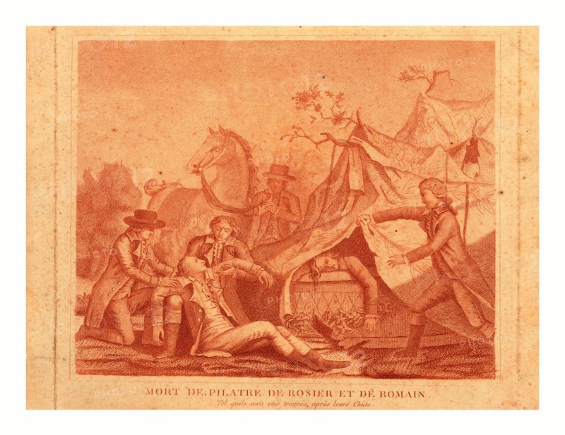 Print shows the death of balloonists Jean-FranÃ§ois Pilatre de Rozier and Jules Romain when their Royal Balloon crashed near Boulogne, France, June 15, 1785, in what is considered the first aerial disaster.