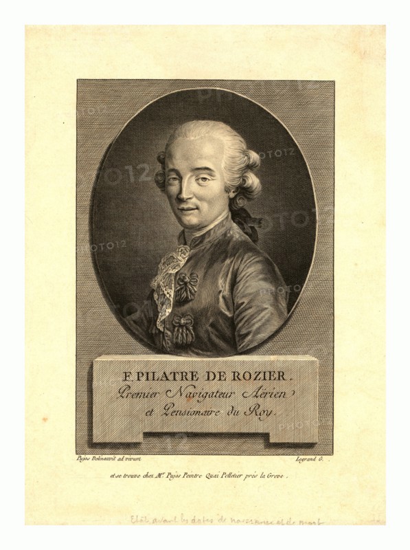 Oval head-and-shoulders portrait of French balloonist Jean-FranÃ§ois PilÃ¢tre de Rozier, who took the first balloon flight in 1783.