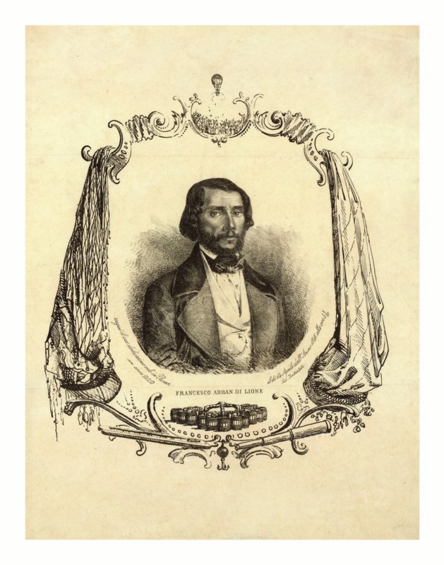 Francesco Arban di Lione, Head-and-shoulders portrait of French balloonist, Francesco Arban, commemorating his twelfth flight. Includes items related to his work: a gas bag and netting, a telescope, barrels of gas, and a balloon ascending over a crowd.
