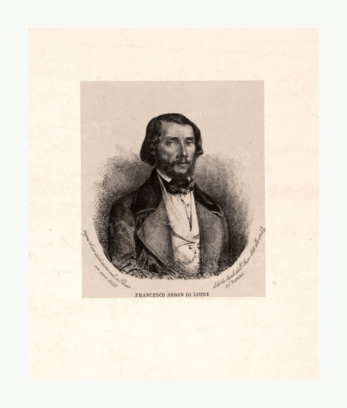 Francesco Arban di Lione, Head-and-shoulders portrait of French balloonist, Francesco Arban, commemorating his twelfth flight.