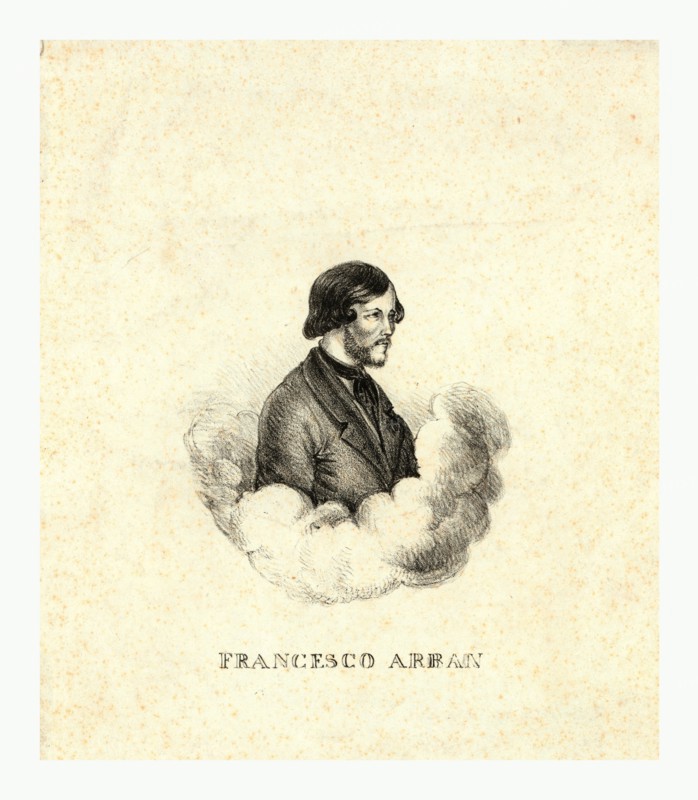 Francesco Arban, between 1830 and 1850, Head-and-shoulders portrait of French balloonist Francesco Arban in a circle of clouds.
