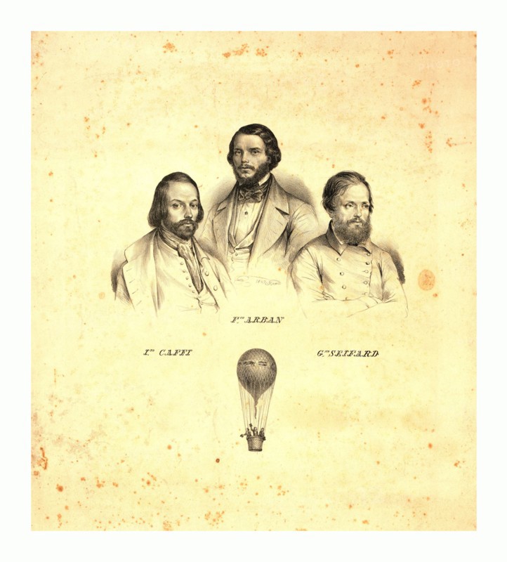 Portraits of three balloonists Ippolito Caffi, Francesco Arban, and G. Seiffard, with a small view of them in an ascending balloon, Rome, 1847, Italy