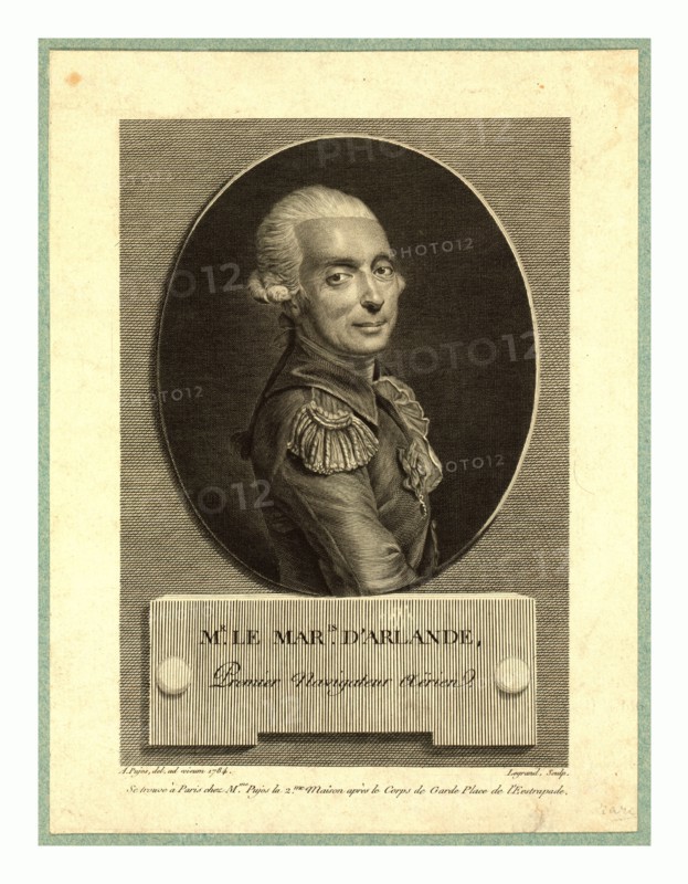 Mr. le maris. d'Arlande, first aerial navigator,  Pujos, André, 1738-1788, artist, Half-length portrait of French balloonist Marquis FranÃ§ois Laurent d'Arlande in uniform.