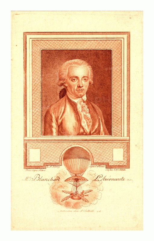 Mr. Blanchard, after nature by Mr. Bolomey , Benjamin Samuel, 1739-1819, artist, A Rotterdam : Chez M. d'Sallieth, between 1780 and 1800 , Head-and-shoulders portrait of French balloonist Jean-Pierre Blanchard. Includes image of Blanchard's balloon demonstrating his experiments with balloon navigation.