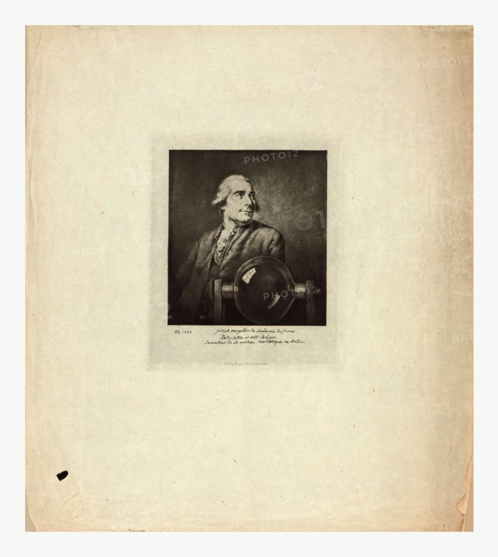 Half-length portrait of French balloonist Joseph Montgolfier, with a glass chamber related to his experiments with gas for balloon flight.