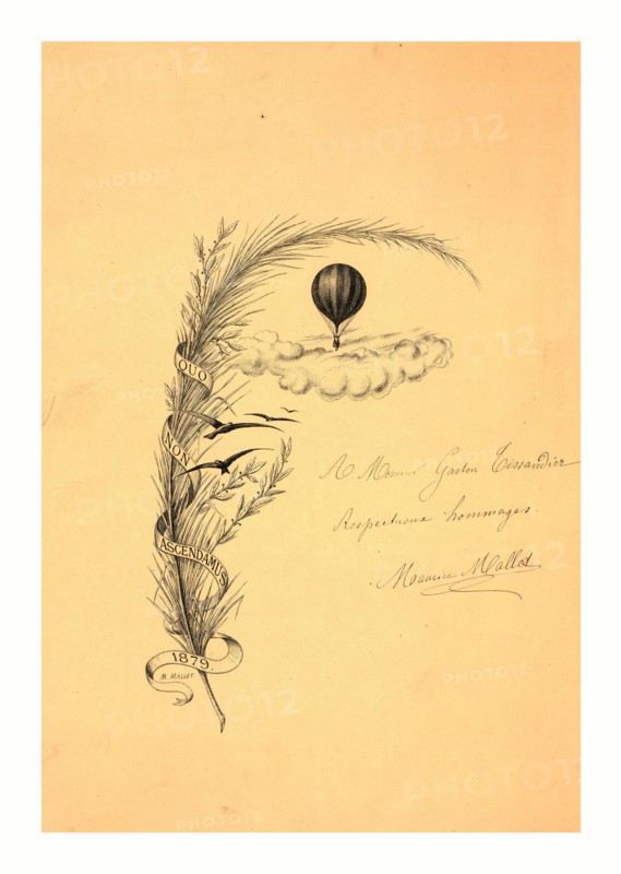 Stationery illustrated with a stalk of wheat wrapped in a banner marked Quo non ascendamus 1879"" and a balloon flying above clouds and birds, by M. Mallet., 1879