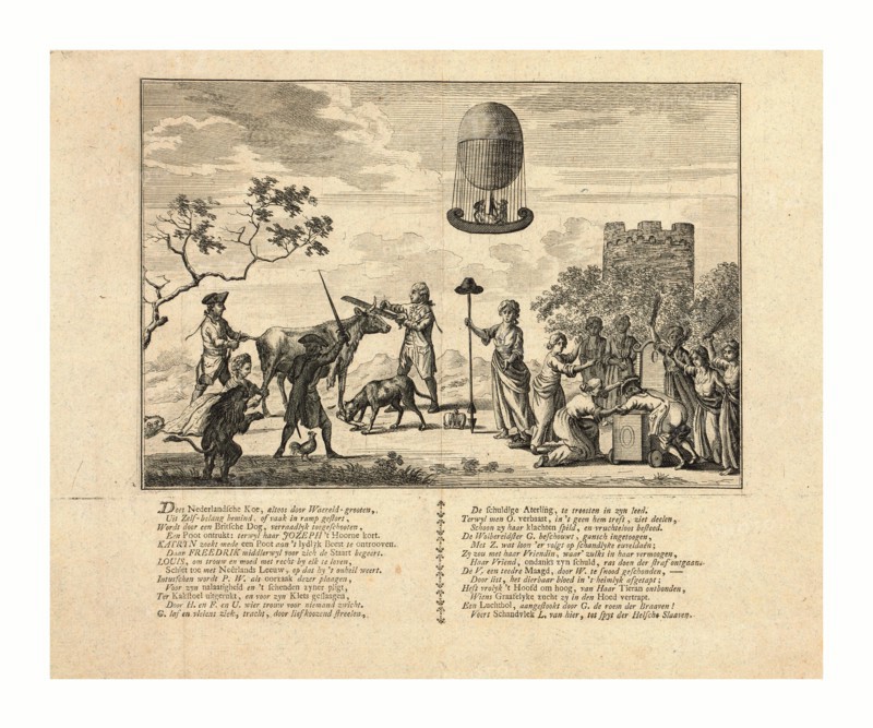 Dees Nederlandsche Koe, altoos Waereld-grooten, Dutch political cartoon about the partitioning of the Netherlands shows the shorning and dismembering of the Nederlandsche cow. The Neerlands lion, an enraged Louis Bonaparte, King of Holland (with sword drawn), and a Gallic cock watch, while the Britsche Dog chews on a severed leg of a cow. A man with a crown at his feet (possibly Joseph Bonaparte, King of Spain) shears the cow's horns with a large saw; a woman Katryn (possibly Catherine, de Wurtemberg, queen, consort of Jerome Bonaparte, King of Westphalia) takes a knife to the cow's tail. Standing center is a woman holding a pike topped with a hat and standing on another hat. On the right, three women whip the bare buttocks of a man (possibly Frederick William III, King of Prussia) who is prostrate over a wheeled chair or throne. Above this scene floats a balloon with canoe shaped basket with two passengers.