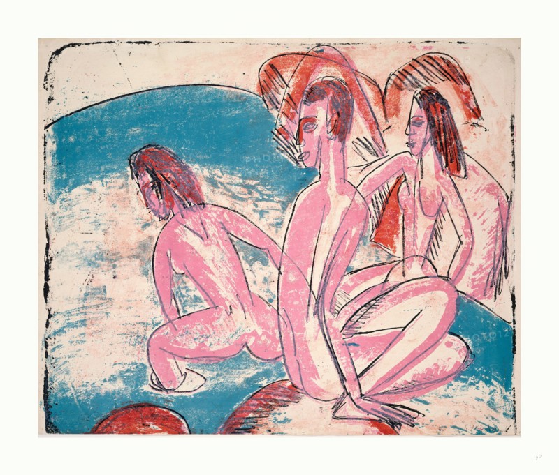 Ernst Ludwig Kirchner, Three Bathers by Stones (Drei Badende an Steinen), German, 1880  1938, 1913, lithograph in pink, blue, red, and black
