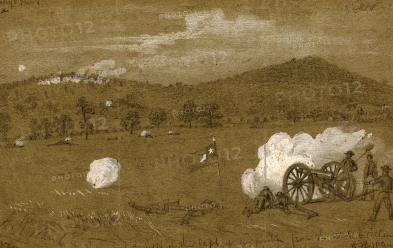 Gettysburg. View of the hills on the left of our position from the Rebel artillery, last Rebel shot, 1863 between July 1 and 3, drawing on green paper pencil and lead white, 14.9 x 23.5 cm. (sheet), 1862-1865, by Alfred R Waud, 1828-1891, an american artist famous for his American Civil War sketches, America, US