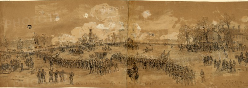 Scene at Chancellorsville during the battle, May 1st 1863, by Alfred R Waud, 1828-1891, an american artist famous for his American Civil War sketches, America, US, 1863 May 1, drawing on light brown paper pencil and Chinese white; 17.2 x 52.8 cm. (sheet), 1862-1865, by Alfred R Waud, 1828-1891, an american artist famous for his American Civil War sketches, America, US