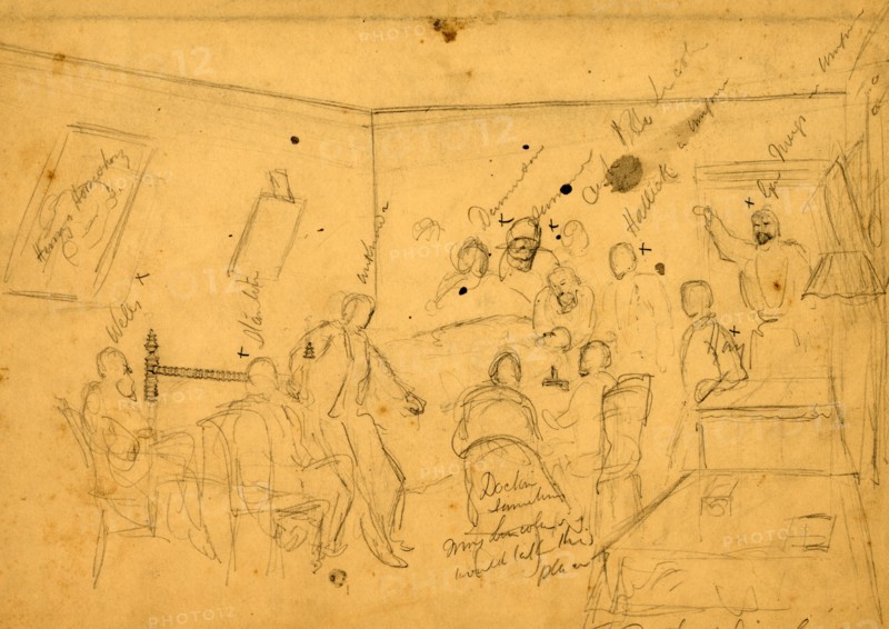 Death of Lincoln, 1865 April, 1862-1865, by Alfred R Waud, 1828-1891, an american artist famous for his American Civil War sketches, America, US, drawing on tan paper pencil, 24.6 x 35.1 cm. (sheet), 1862-1865, by Alfred R Waud, 1828-1891, an american artist famous for his American Civil War sketches, America, US