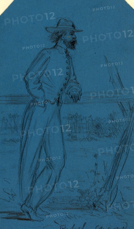 Rebel guard, between 1860 and 1865, drawing on blue paper pencil, 11.0 x 6.3 cm. (sheet), 1862-1865, by Alfred R Waud, 1828-1891, an american artist famous for his American Civil War sketches, America, US, 1862-1865, by Alfred R Waud, 1828-1891, an american artist famous for his American Civil War sketches, America, US