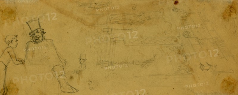 Facade of a building; little boy with two men in top hats, between 1860 and 1865, drawing on cream paper pencil, 8.6 x 21.8 cm. (sheet), by Alfred R Waud, 1828-1891, an american artist famous for his American Civil War sketches, America, US, 1862-1865, by Alfred R Waud, 1828-1891, an american artist famous for his American Civil War sketches, America, US
