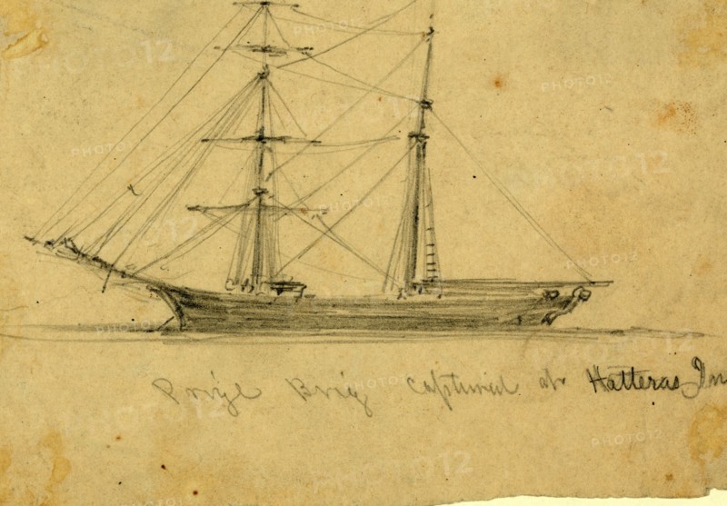 Prize brig captured at Hatteras Inlet, 1861 August, drawing on cream paper pencil, 9.7 x 14.7 cm. (sheet), by Alfred R Waud, 1828-1891, an american artist famous for his American Civil War sketches, America, US, 1862-1865, by Alfred R Waud, 1828-1891, an american artist famous for his American Civil War sketches, America, US