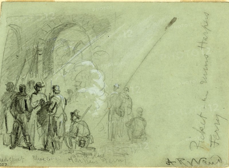 Picket in ruins Harpers Ferry, between 1860 and 1865, by Alfred R Waud, 1828-1891, an american artist famous for his American Civil War sketches, America, US, 1862-1865, by Alfred R Waud, 1828-1891, an american artist famous for his American Civil War sketches, America, US