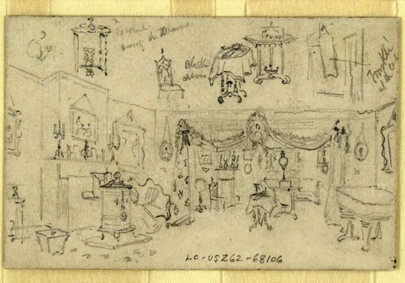 Parlor, Abraham Lincoln home, Springfield, Illinois, 1865 May, drawing on cream paper pencil, 9.9 x 6.4 cm. (sheet), by Alfred R Waud, 1828-1891, an american artist famous for his American Civil War sketches, America, US, 1862-1865, by Alfred R Waud, 1828-1891, an american artist famous for his American Civil War sketches, America, US