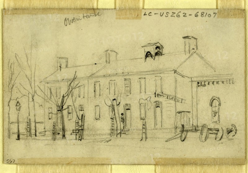 Owen House, 1860-1865, drawing on cream paper pencil, 9.9 x 6.4 cm. (sheet), by Alfred R Waud, 1828-1891, an american artist famous for his American Civil War sketches, America, US, 1862-1865, by Alfred R Waud, 1828-1891, an american artist famous for his American Civil War sketches, America, US