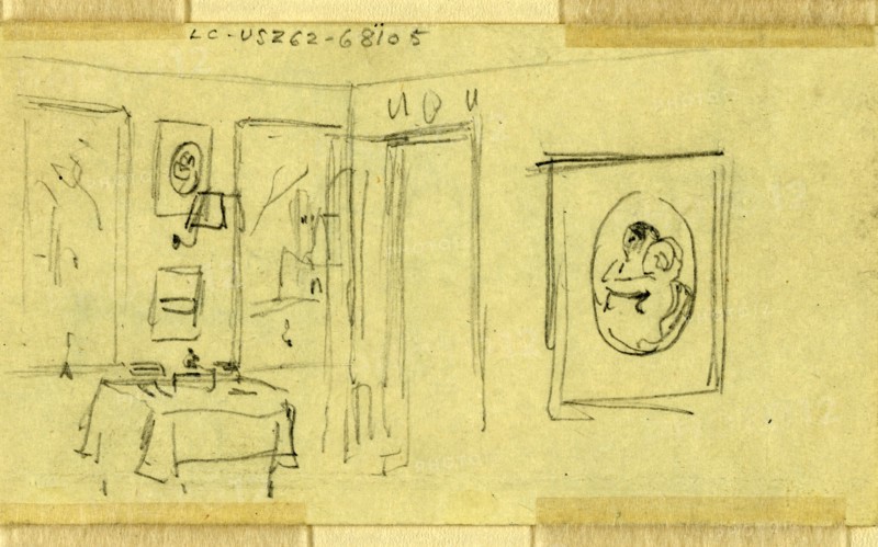 Room interior in Abraham Lincoln's home, Springfield, Illinois, 1865 May, drawing on cream paper pencil, 6.1 x 10.9 cm. (sheet), 1862-1865, by Alfred R Waud, 1828-1891, an american artist famous for his American Civil War sketches, America, US